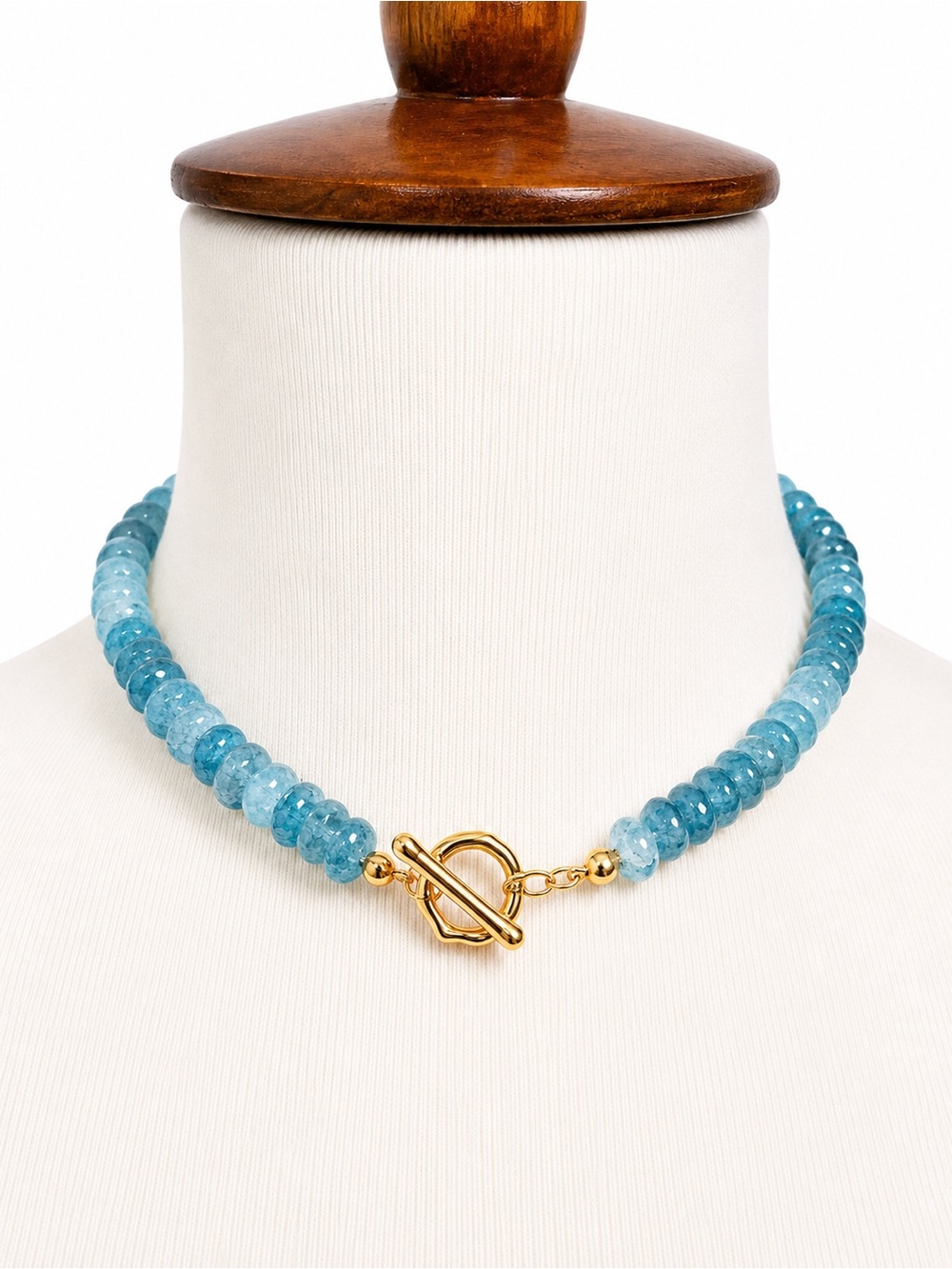 Handmade Glass Gold Toggle Aquamarine Blue Beaded Necklace New!